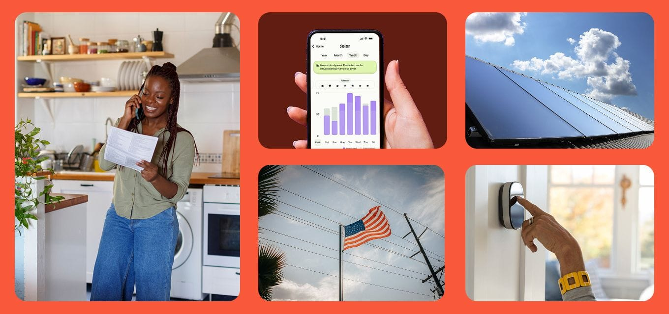 A collage of images including a woman locking at her bill, a hand with the Palmetto app, solar on a house, someone using a home thermostat and the american flag and electrical lines