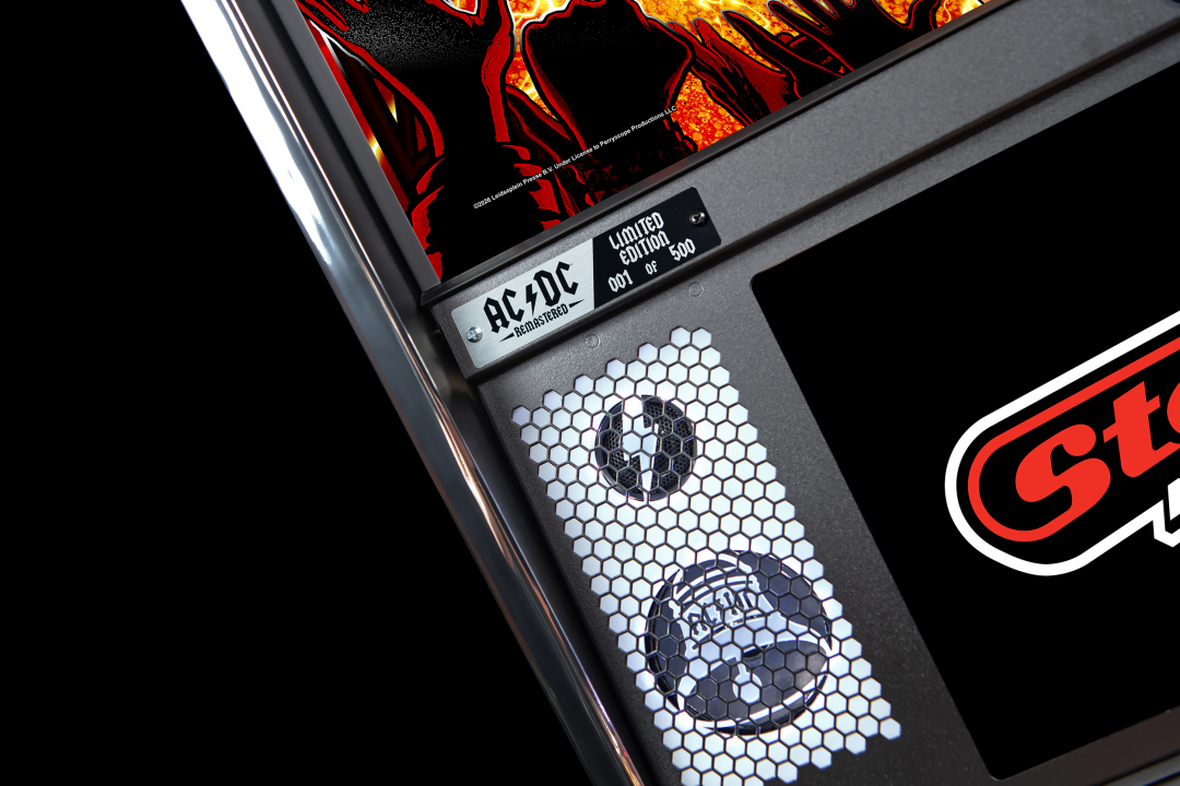 Custom cut speakers featuring a bell and interactive illunation on the AC/DC Remastered pinball machine by Stern Pinball.