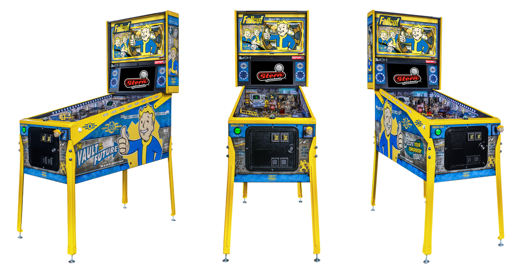 A fan layout of the cabinet featuring left facing, center and right facing of the Limited EditionModel of Fallout Pinball by Stern.
