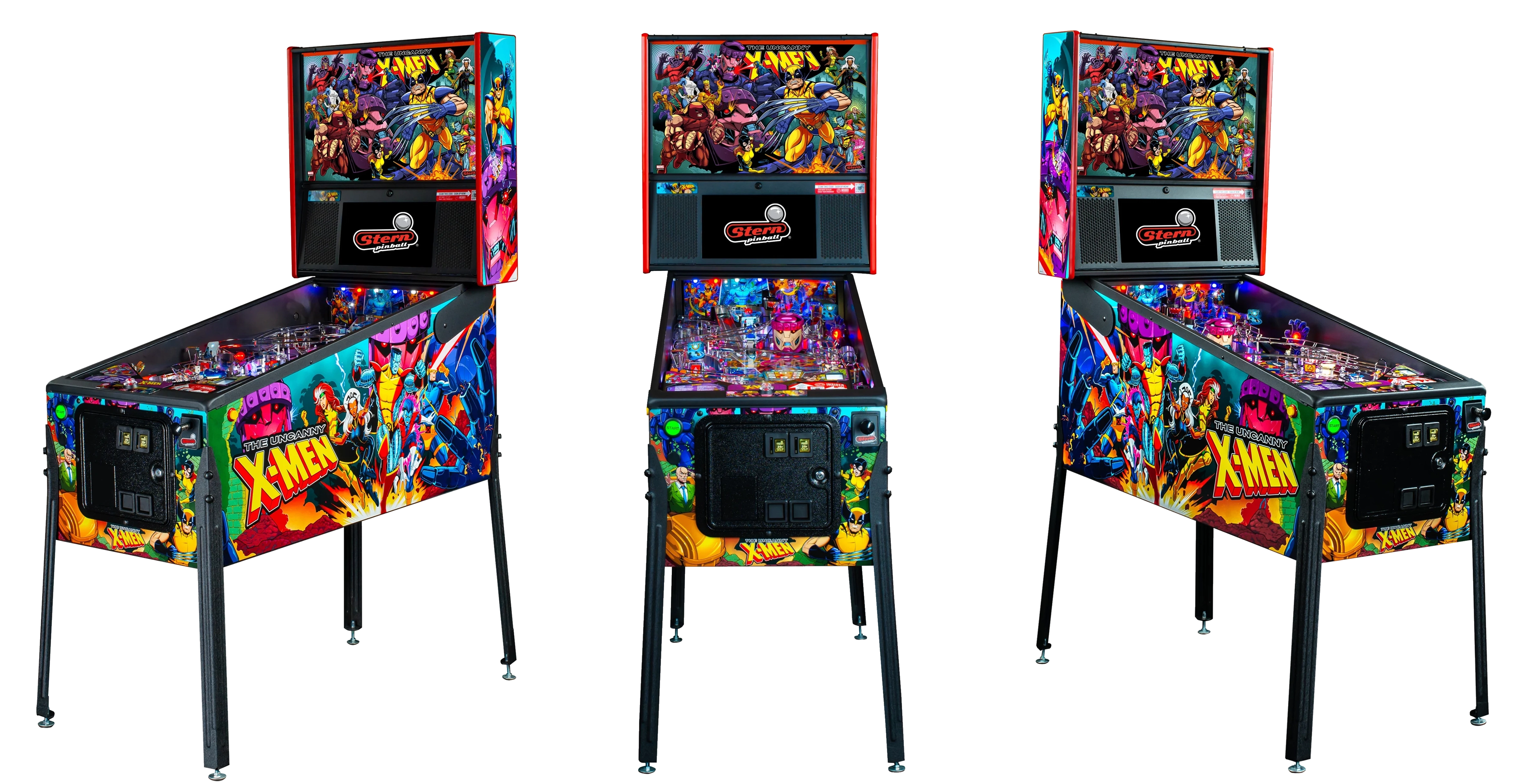 Left, Front, and Right facing cabinet images of The Uncanny X-Men Pro Pinball
