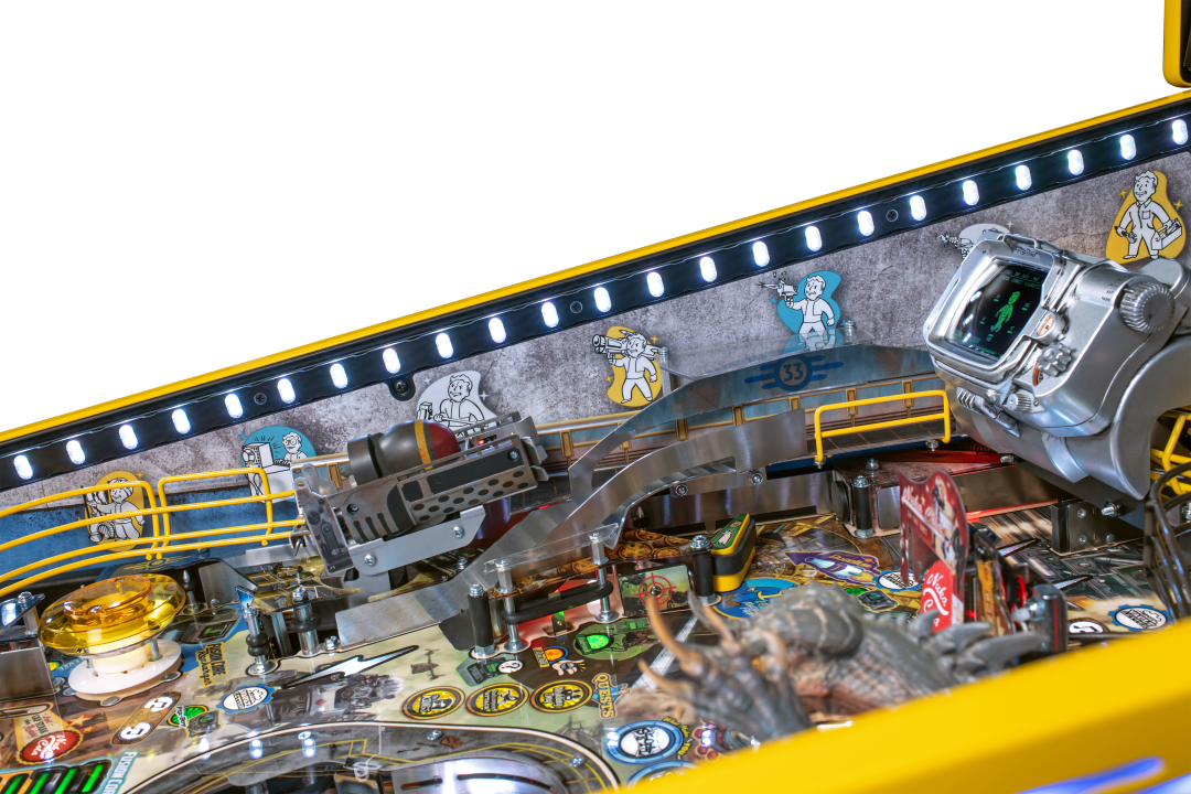 Interactive light and art featuring Vault Boys on the interrior walls of the cabinet on the Limited Edition Model of Fallout from Stern Pinball.