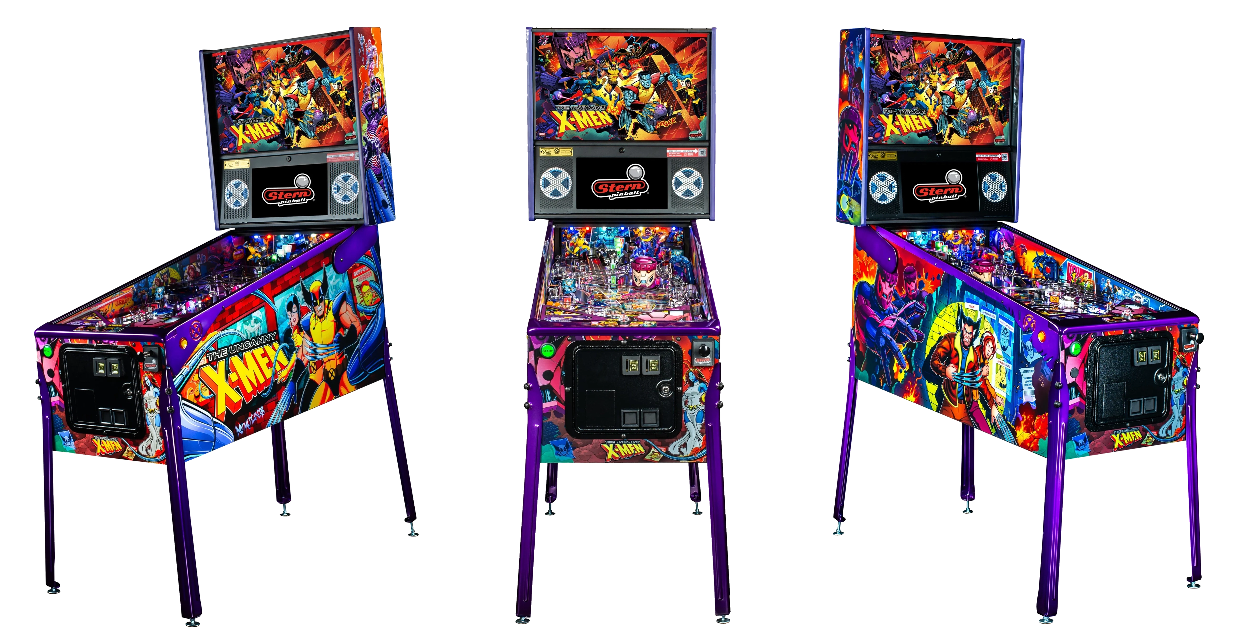 Left, Front, and Right facing cabinet images of The Uncanny X-Men Limited Edition pinball ..