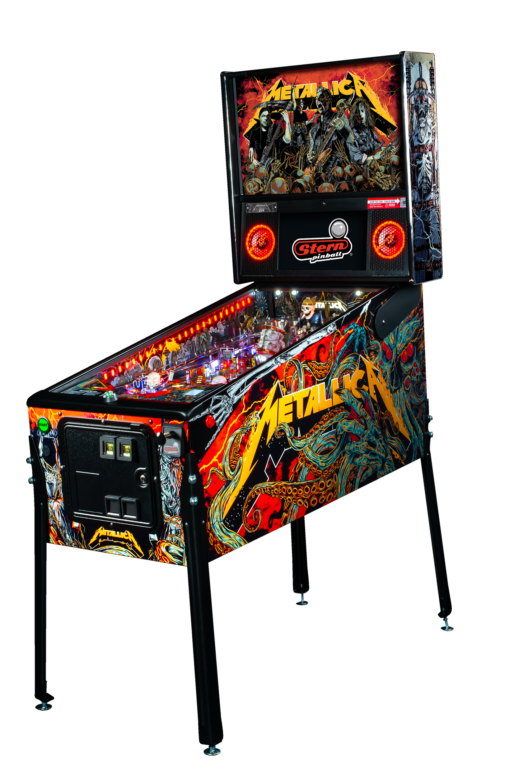 Metallica LE pinball cabinet facing left.