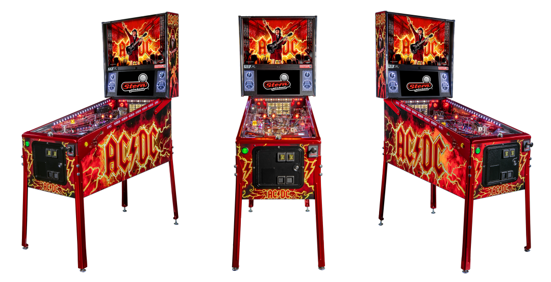 Fan layout featuring the cabinet of the Limited Edition of the AC/DC Remastered pinball machine by Stern Pinball.