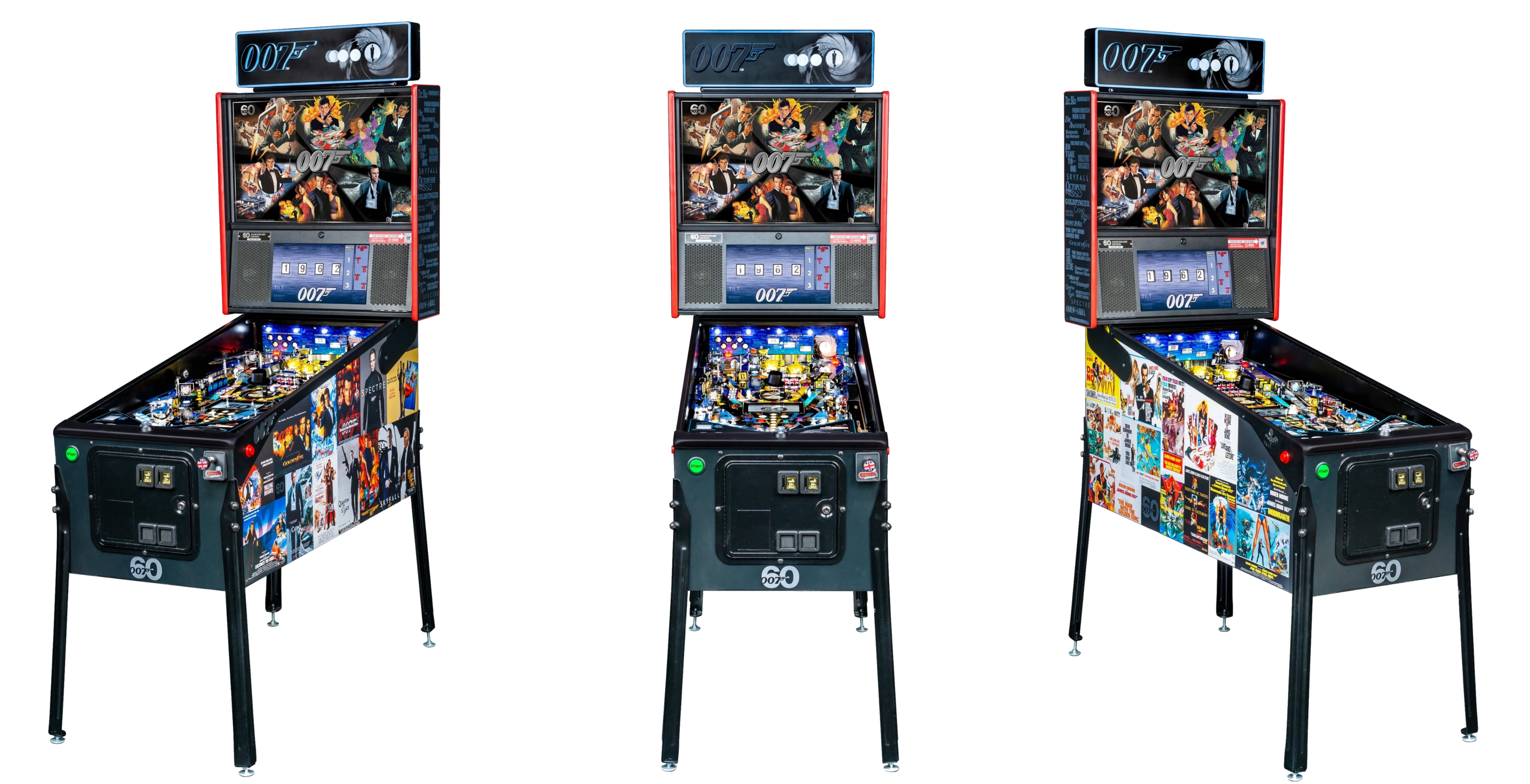 Left, Front, and Right facing cabinet images of James Bond 007 Anniversary Edition pinball