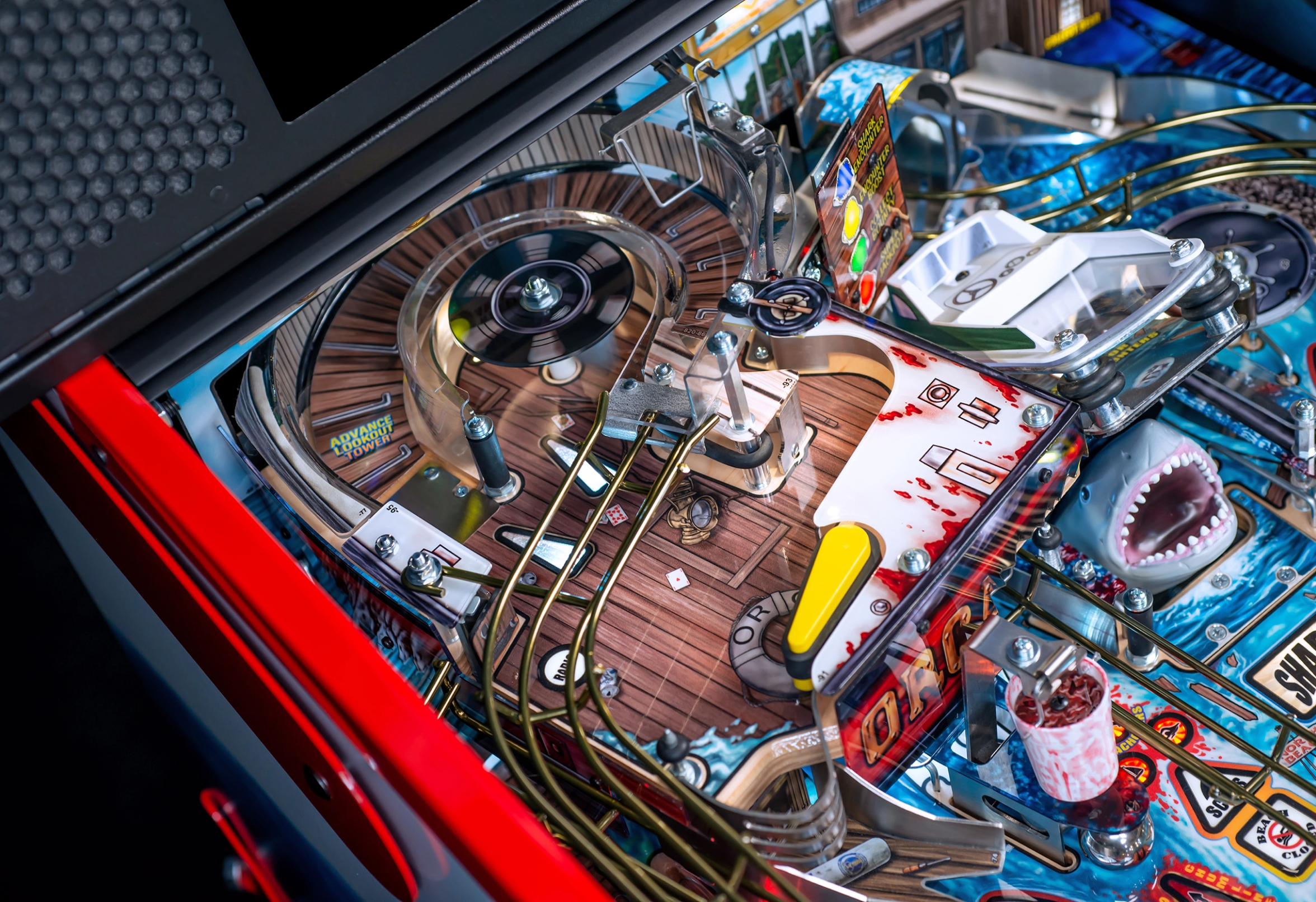 Orca Boat upper playfield on Jaws Anniversary Edition pinball.