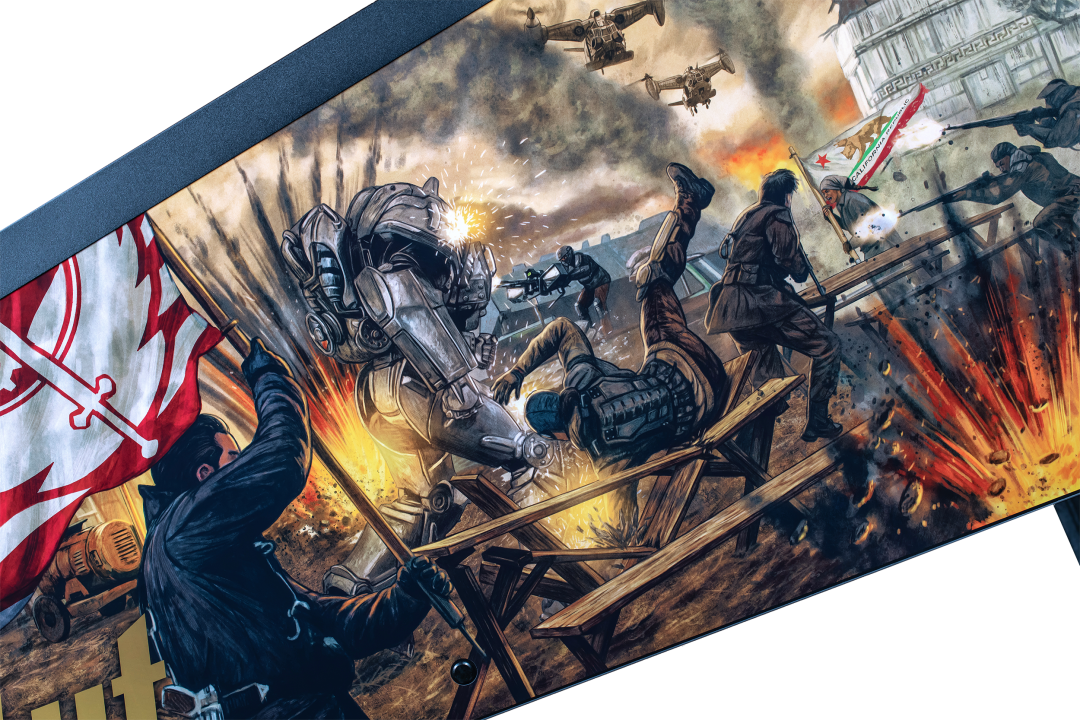 The side cabinet art featuring a battle from the TV show on the Premium Model of Fallout from Stern Pinball.