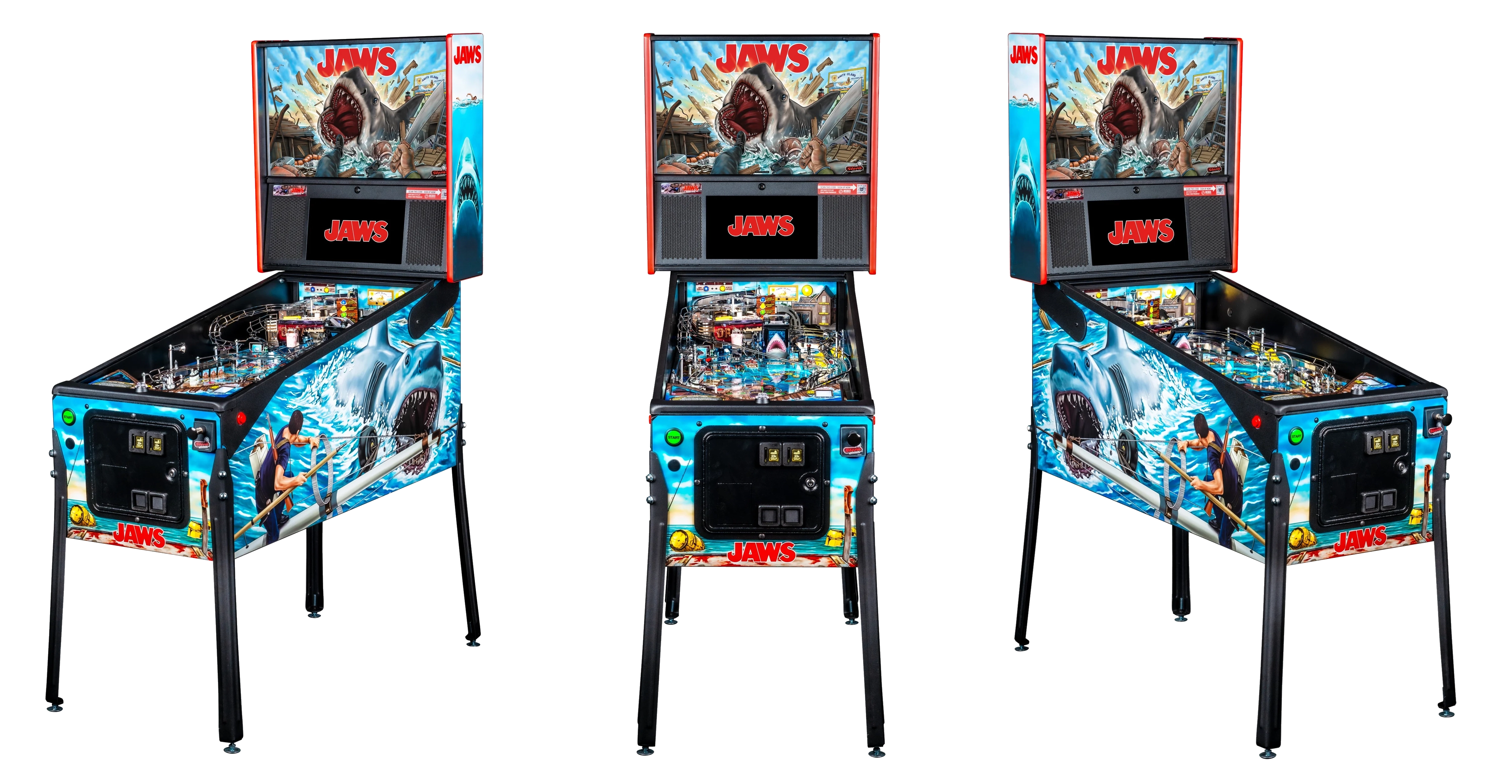 Left, Front, and Right facing cabinet images of Jaws Premium Pinball