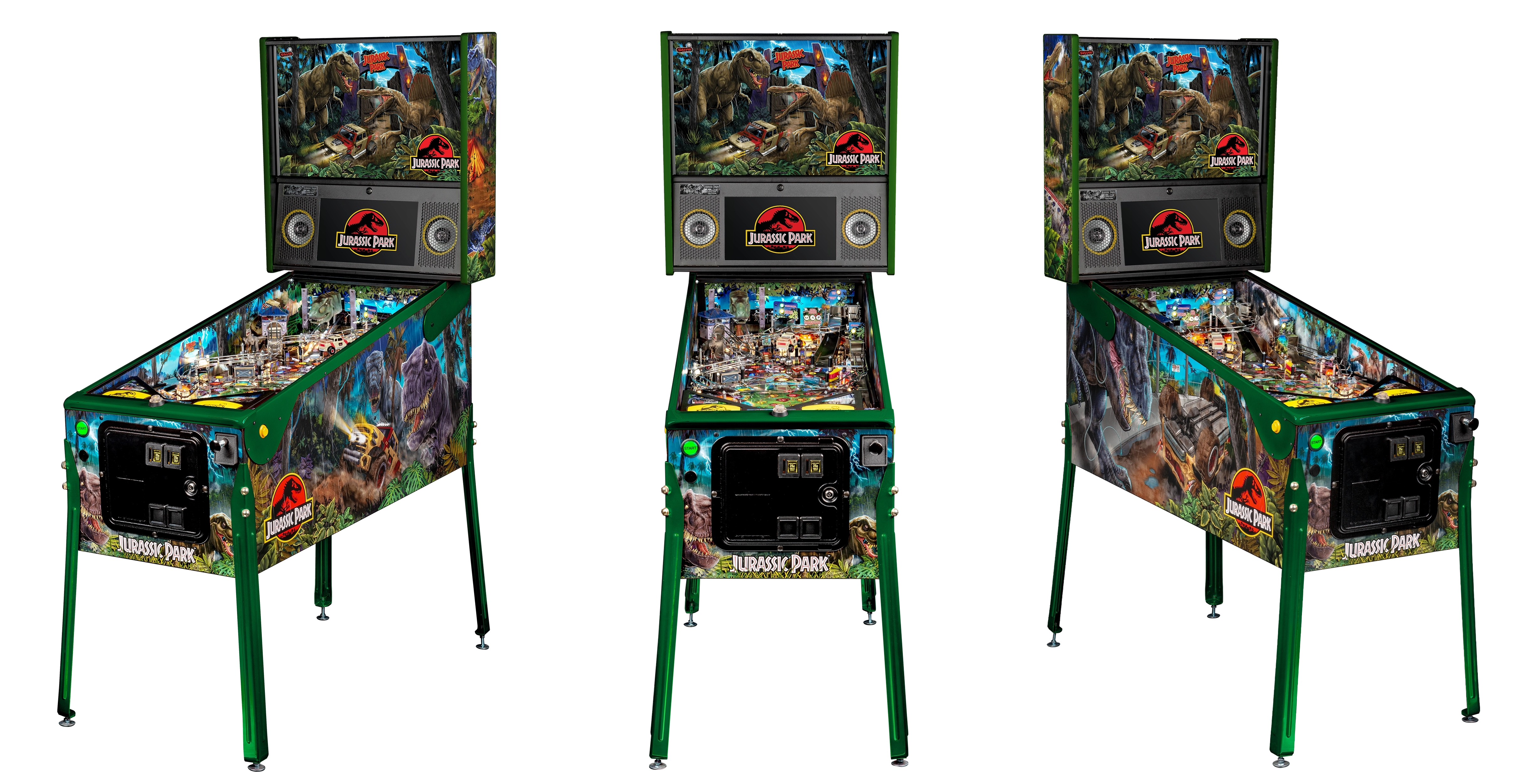 Left, Front, and Right facing cabinet images of Jurassic Park Limited Edition Pinball