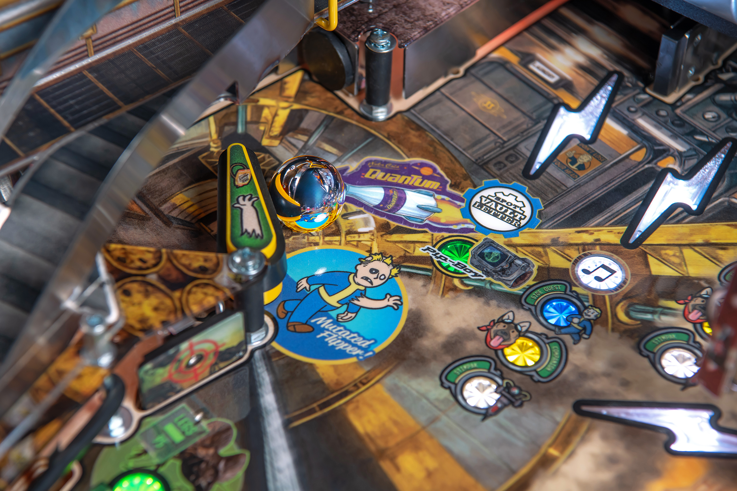 An inverted 3rd flipper on the playfield of the Pro Model of Fallout Pinball by Stern.