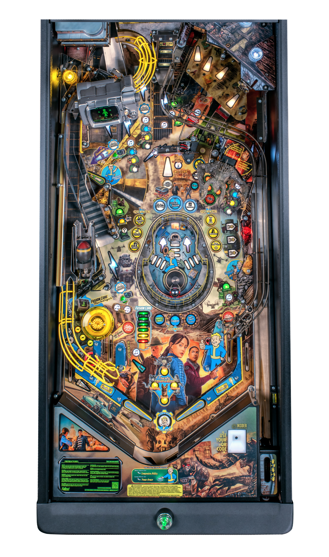 The full playfield of the Premium Model of Fallout Pinball by Stern.