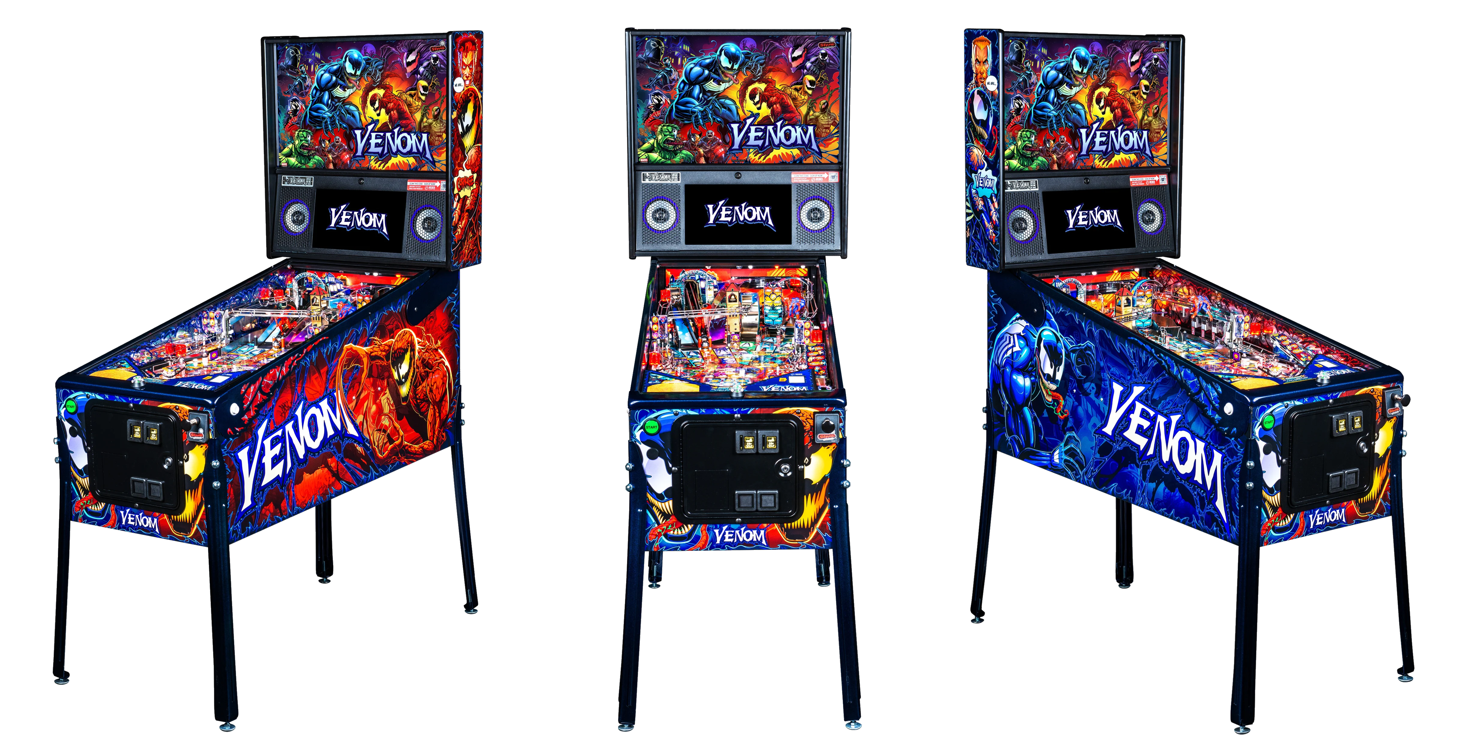 Venom limited edition cabinets that show front, left, and right angles.