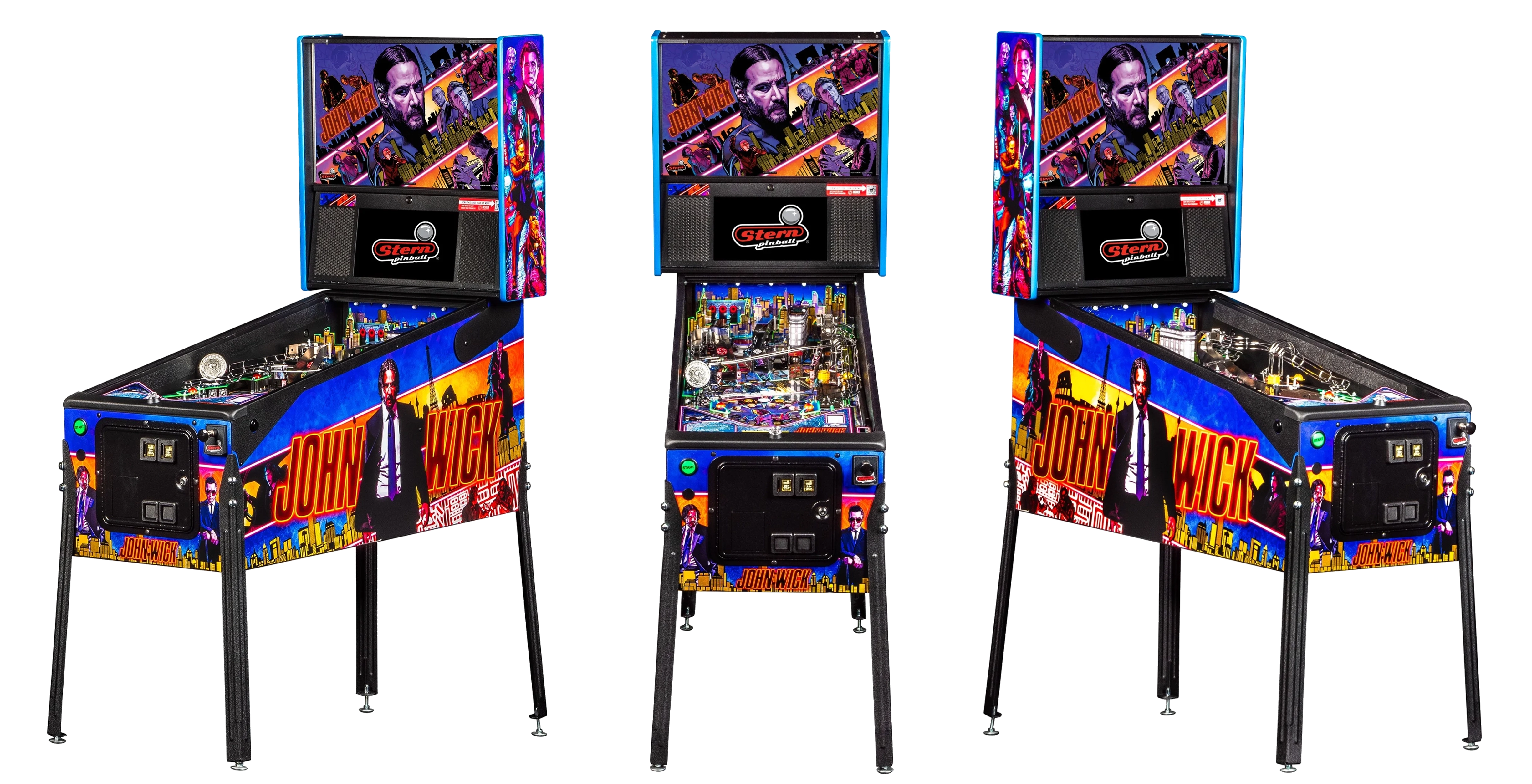 Left, Front, and Right facing cabinet images of John Wick Premium Pinball