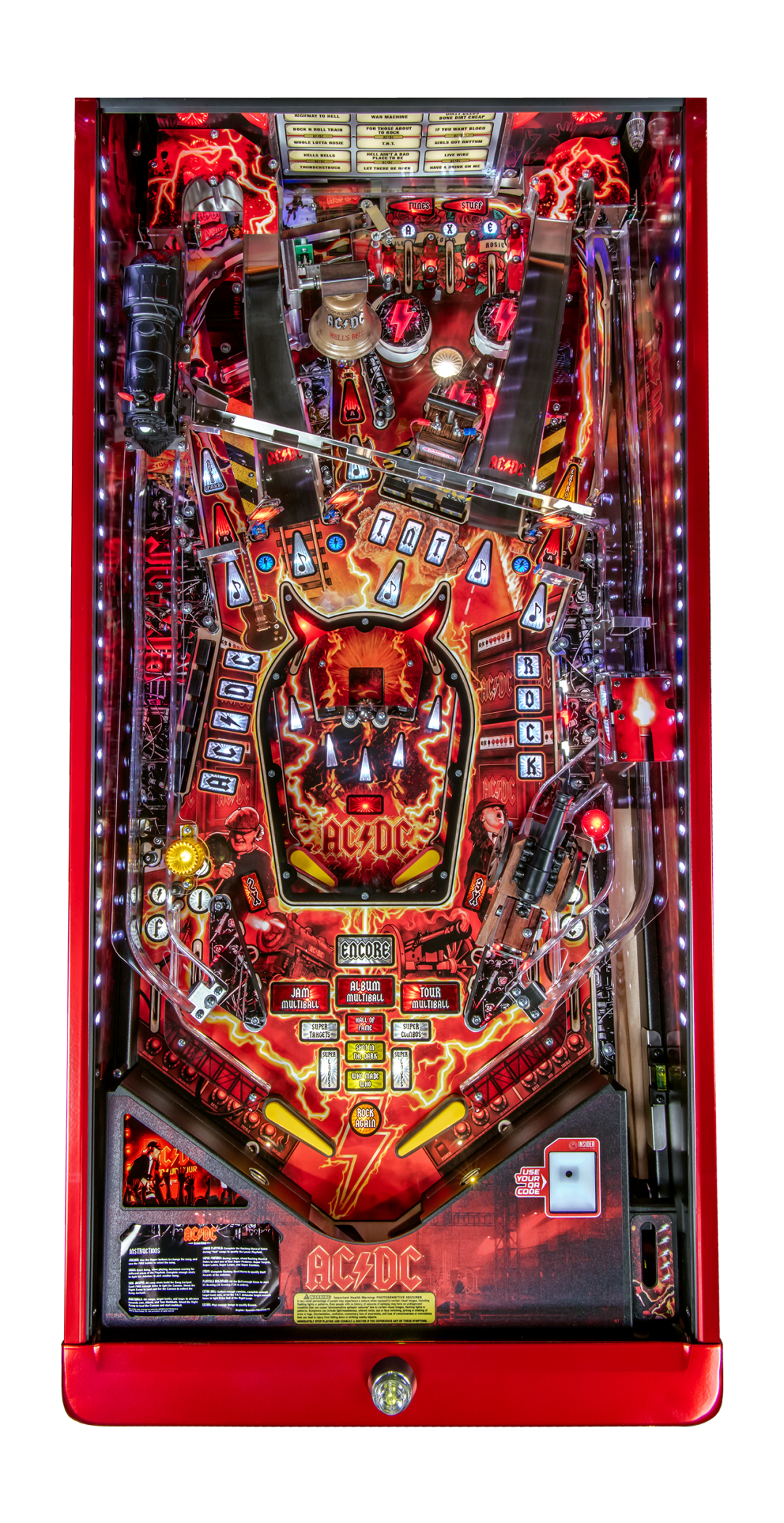 Top view of the playfield from the AC/DC Remastered pinball machine by Stern Pinball.
