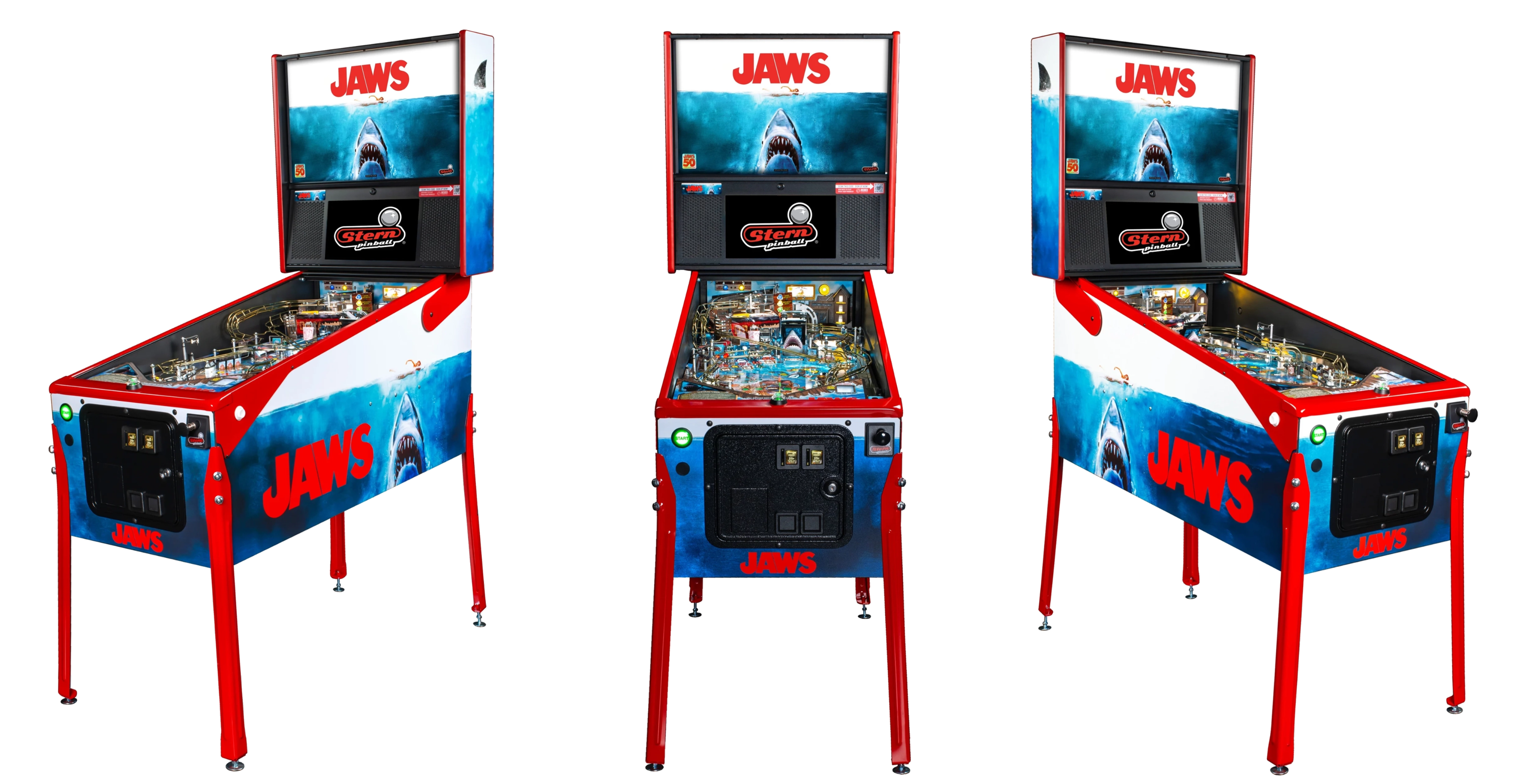 Left, Front, and Right facing cabinet images of Jaws Anniversary Edition Pinball