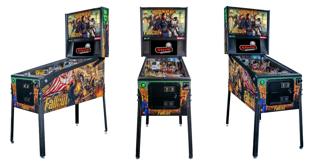 A fan layout of the cabinet featuring left facing, center and right facing of the Premium Model of Fallout Pinball by Stern.
