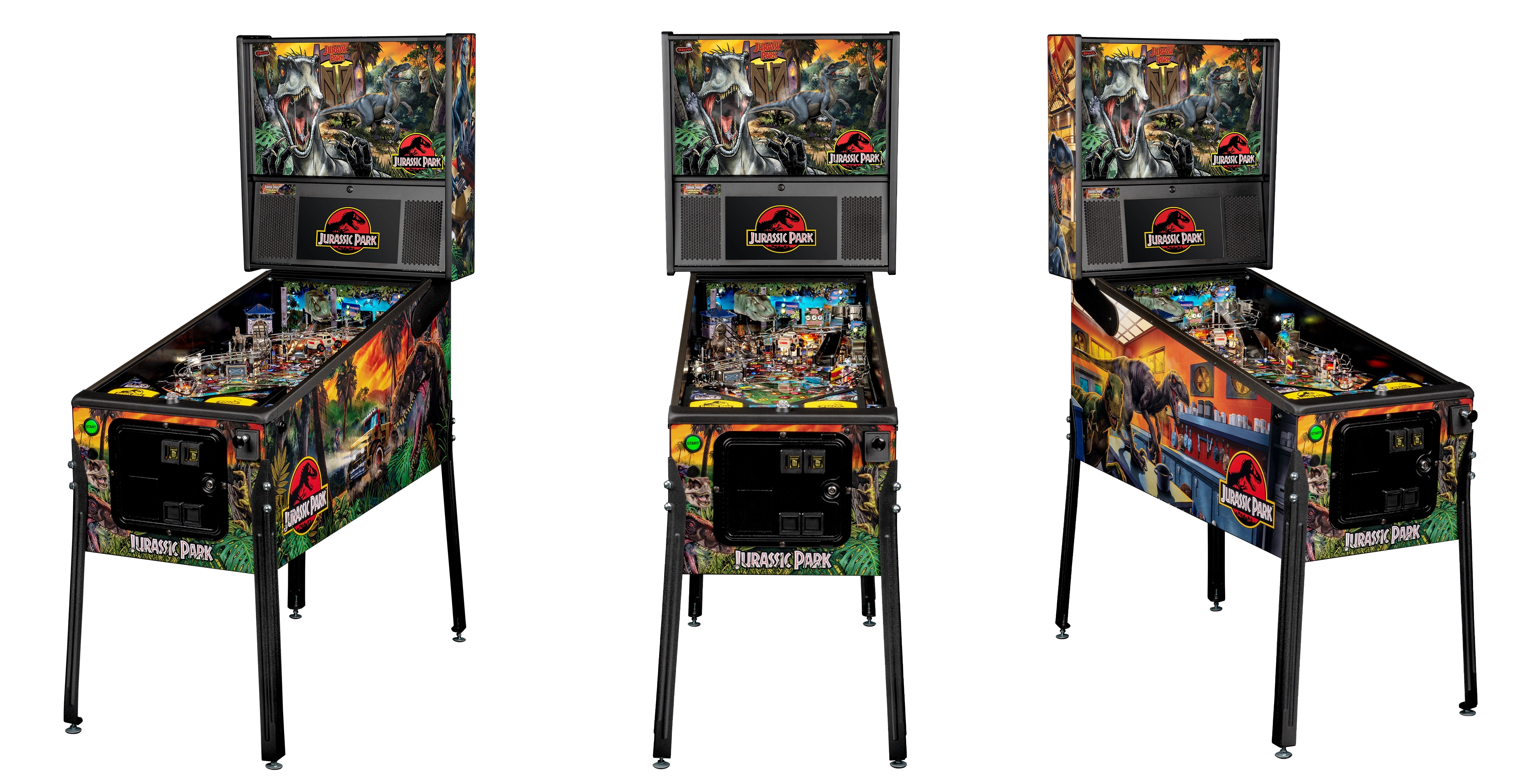 Left, Front, and Right facing cabinet images of Jurassic Park Premium Pinball