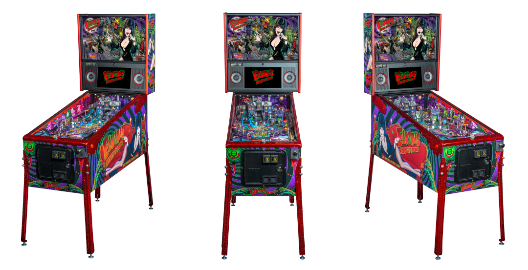 Left, Front, and Right facing cabinet images of Elvira's House of Horrors Signature Edition Pinball