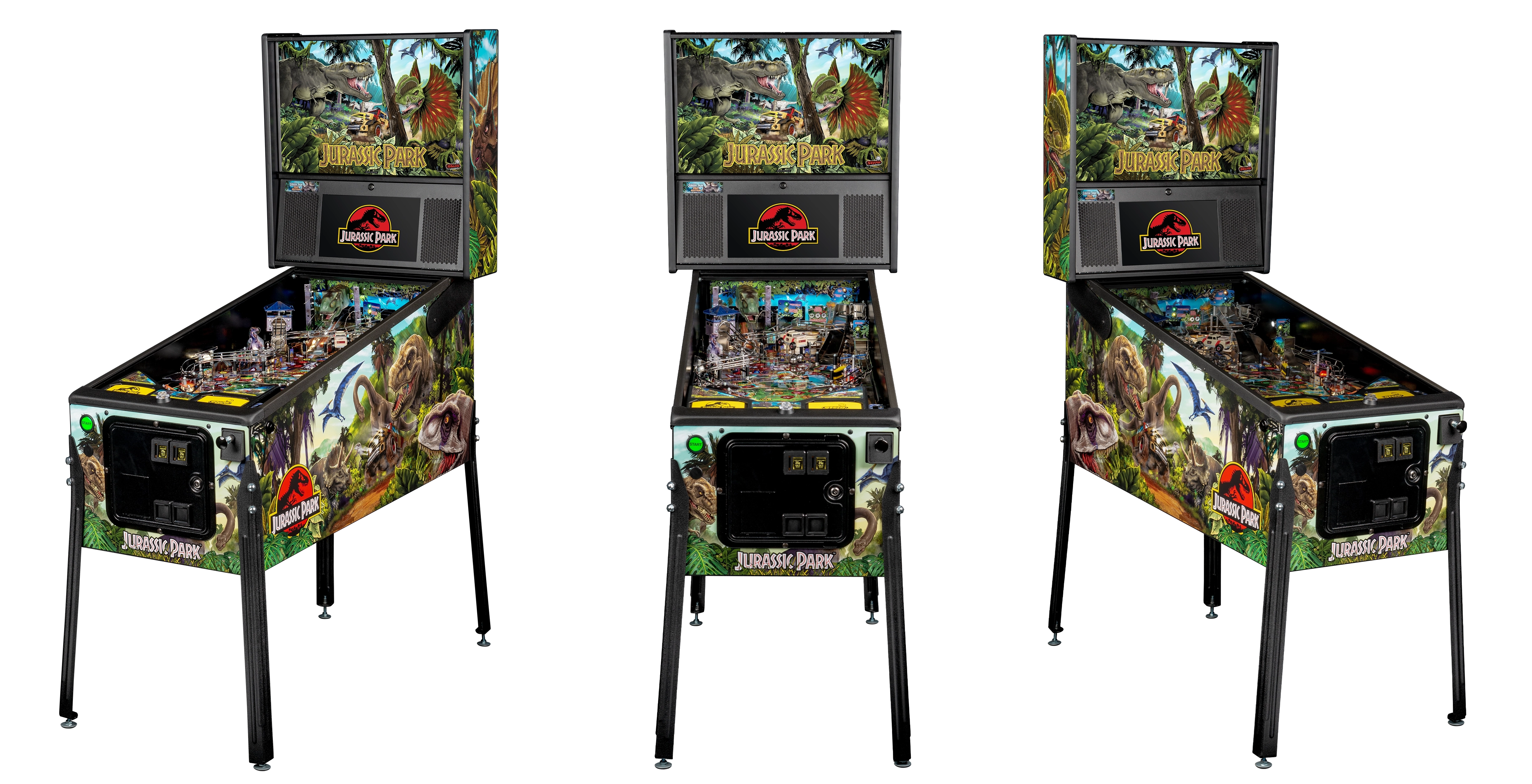 Left, Front, and Right facing cabinet images of Jurassic Park Pro Pinball