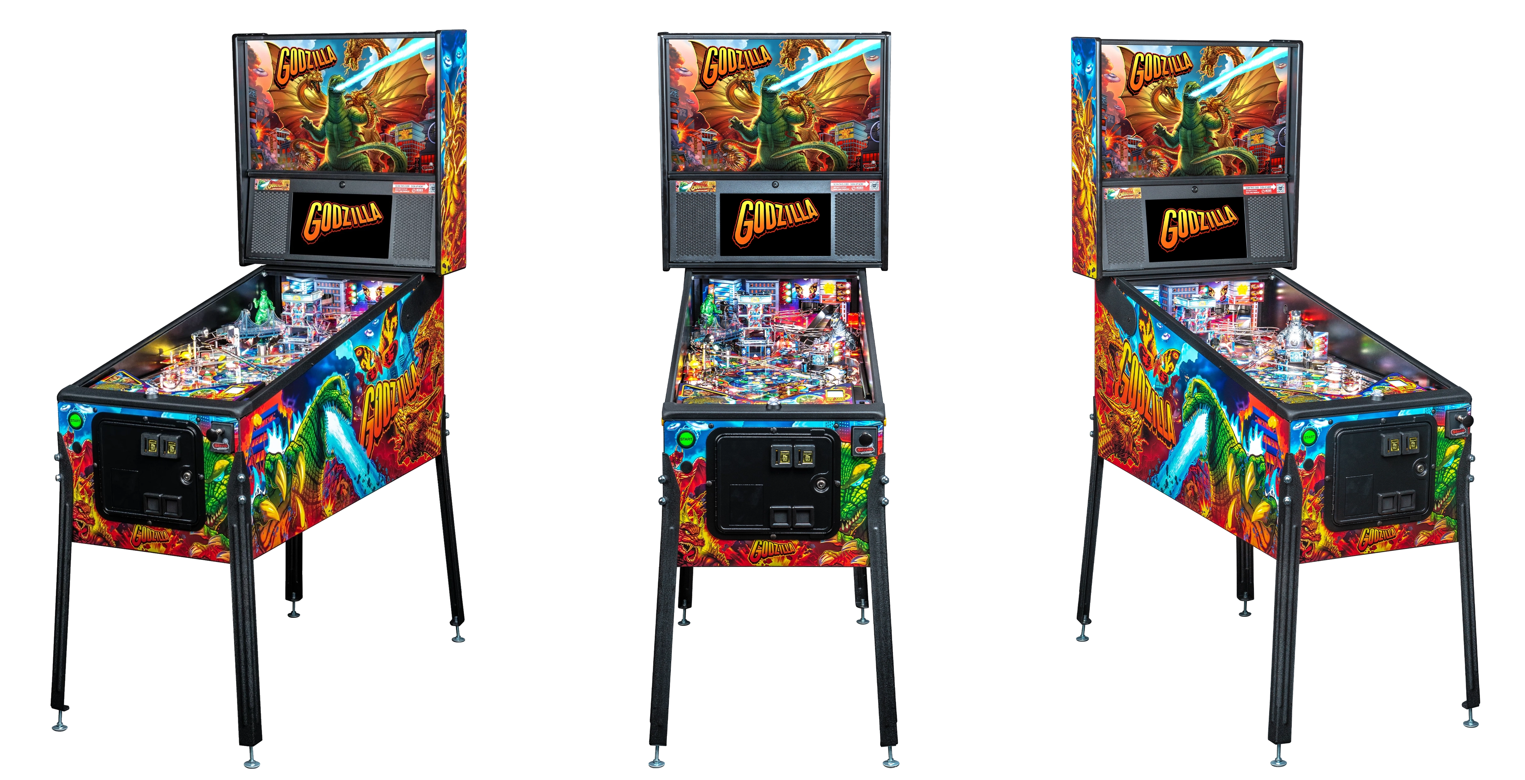Left, Front, and Right facing cabinet images of Godzilla Premium Pinball