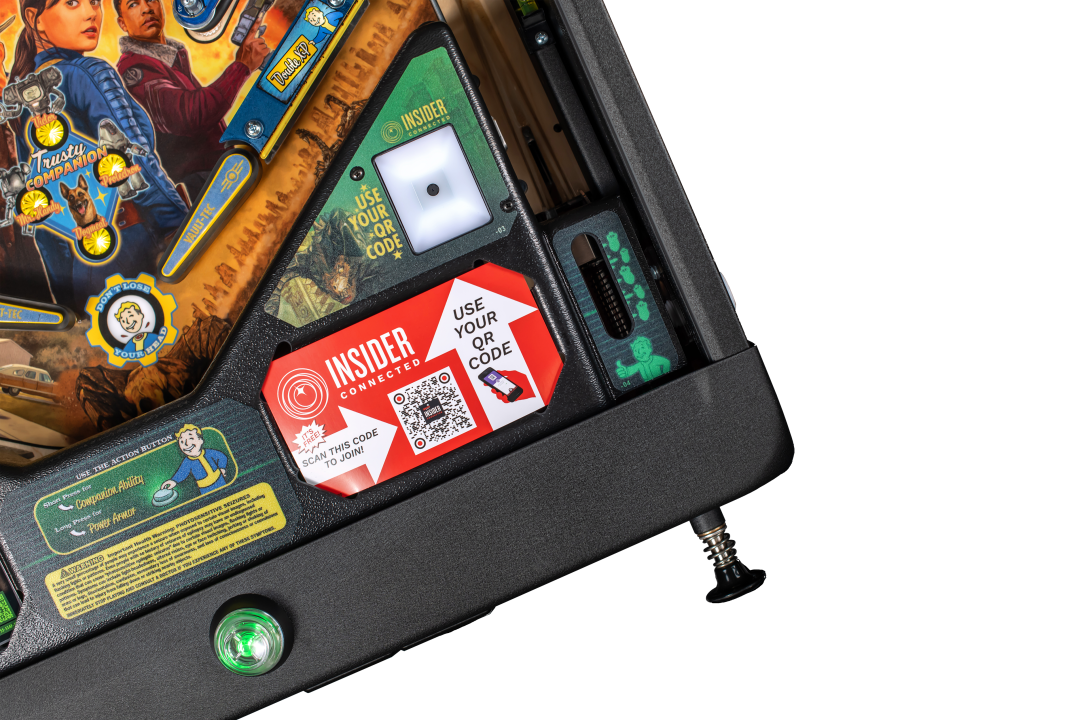 The plunger, action button and QR code reader for Insider Connected on the Pro Model of Fallout from Stern Pinball.