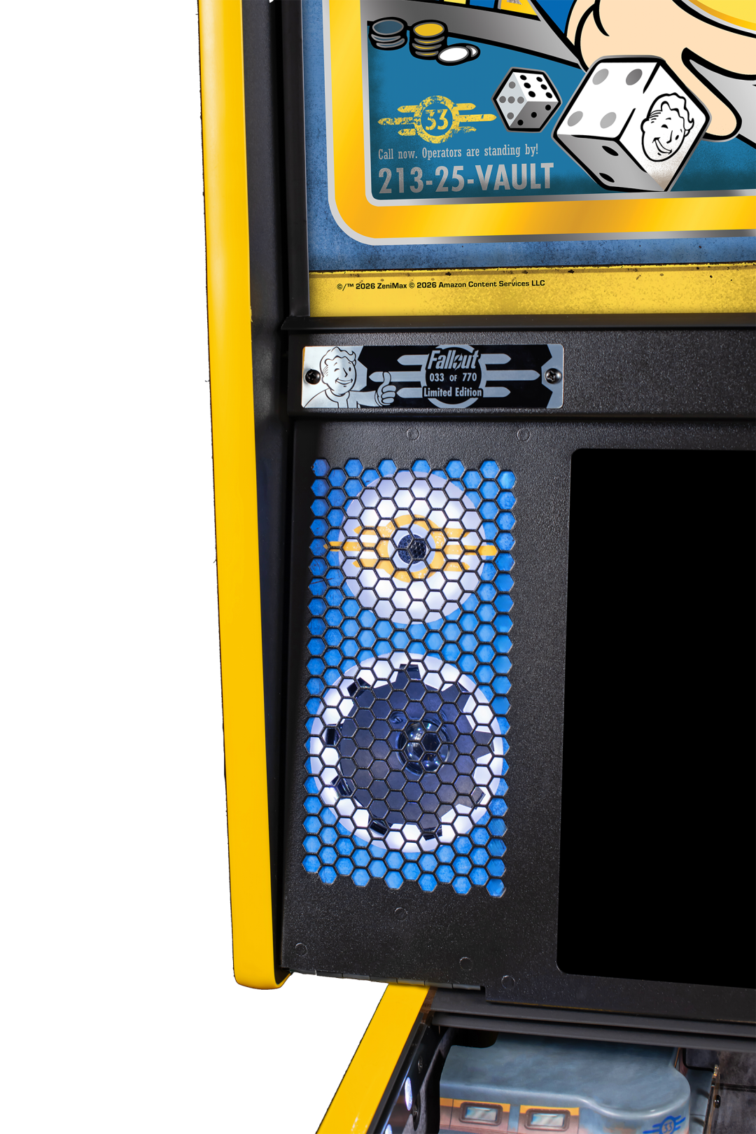 Custom cut and illuminated speakers on the Limited Edition Model of Fallout from Stern Pinball.