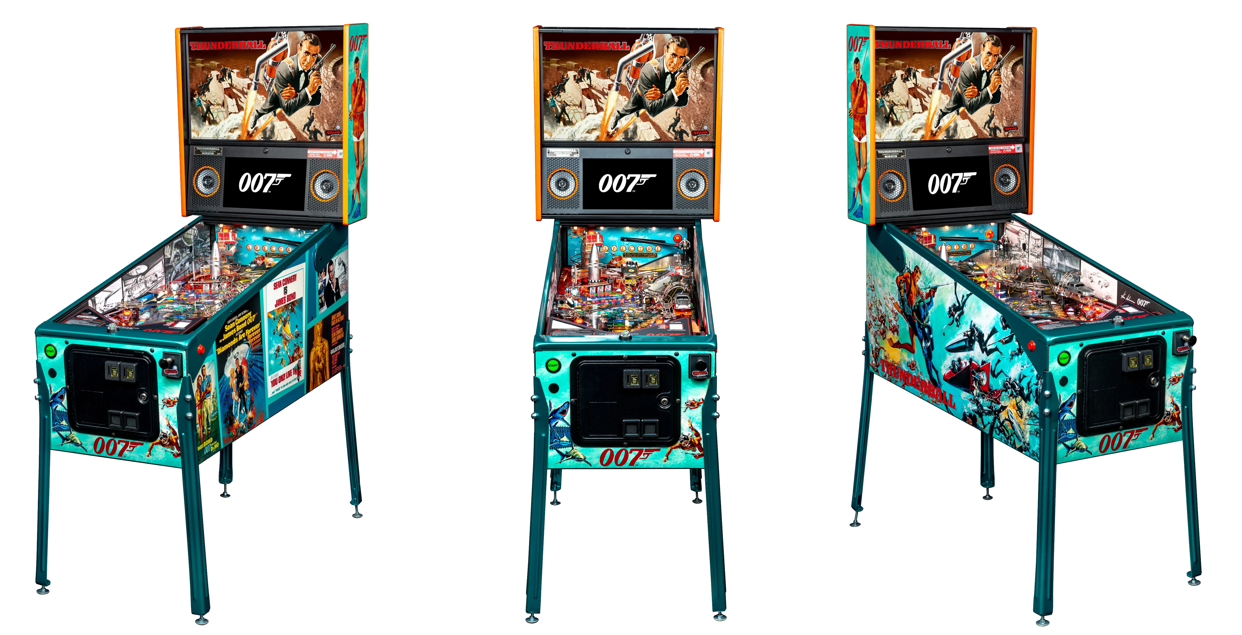 Left, Front, and Right facing cabinet images of James Bond 007 Limited Edition Pinball