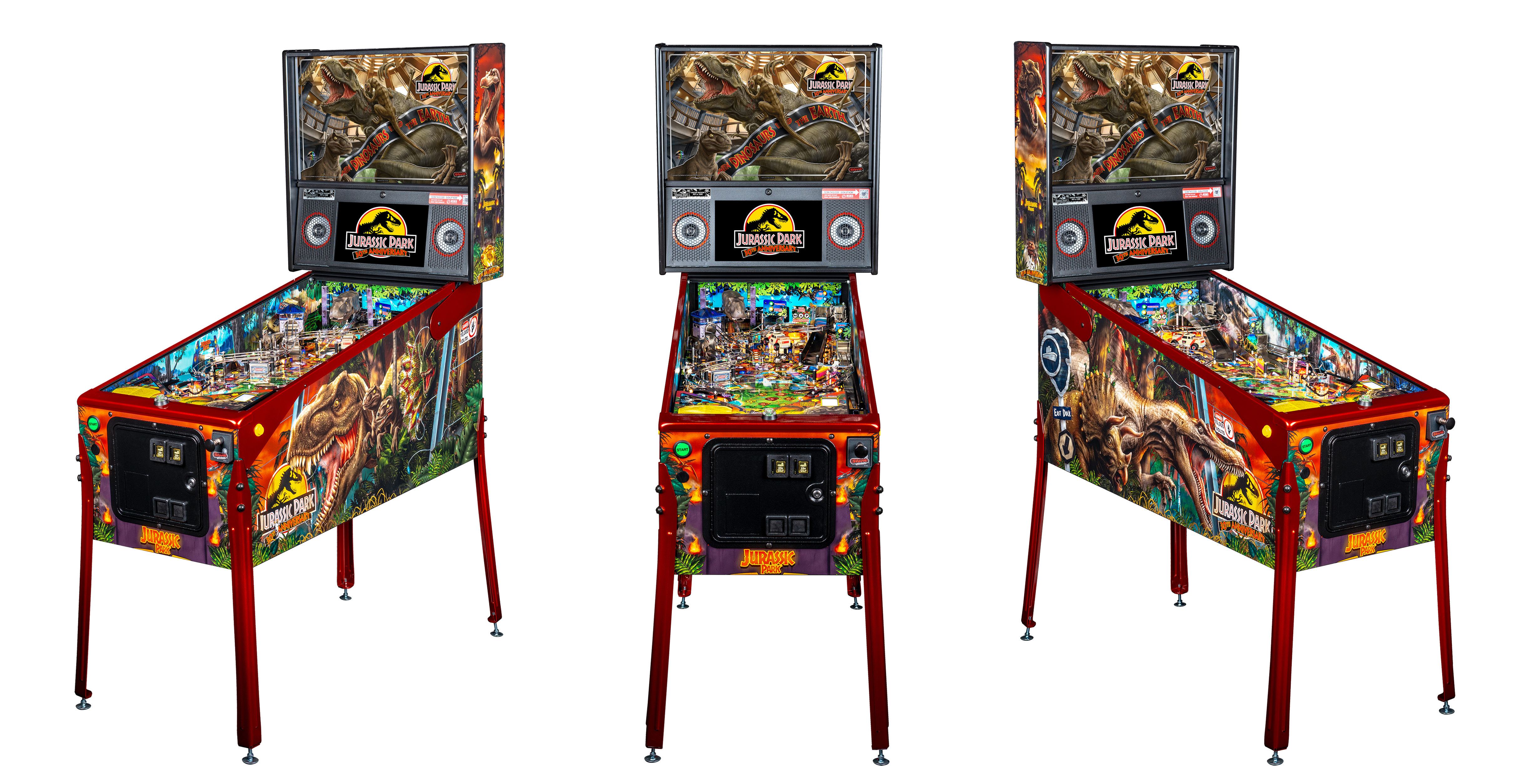Left, Front, and Right facing cabinet images of Jurassic Park Anniversary Edition Pinball