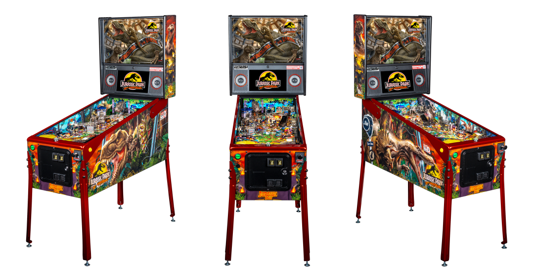 Left, Front, and Right facing cabinet images of Jurassic Park Anniversary Edition Pinball