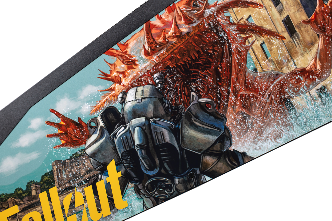 The side cabinet art featuring a battle from the TV show on the Pro Model of Fallout from Stern Pinball.