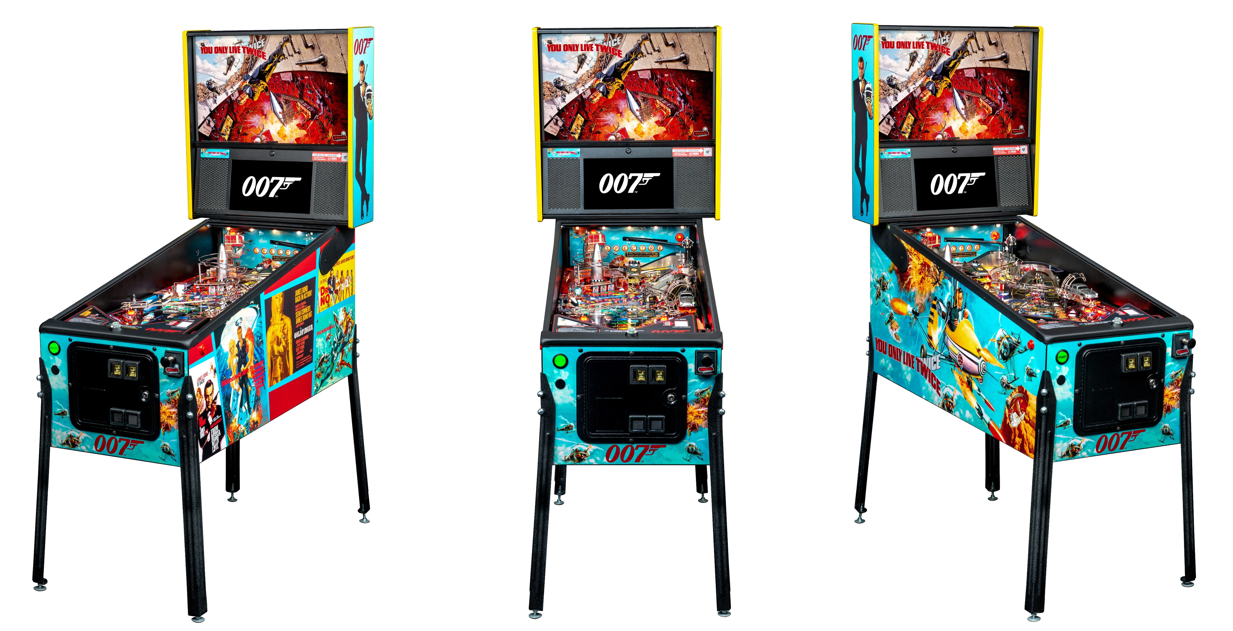 Left, Front, and Right facing cabinet images of James Bond 007 Premium Pinball