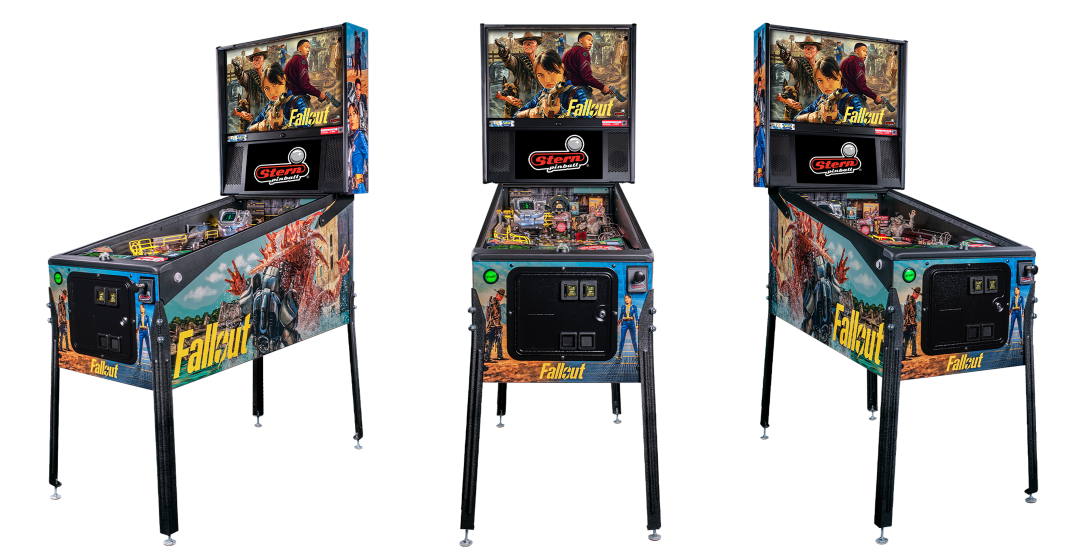 A fan layout of the cabinet featuring left facing, center and right facing of the Pro Model of Fallout Pinball by Stern.