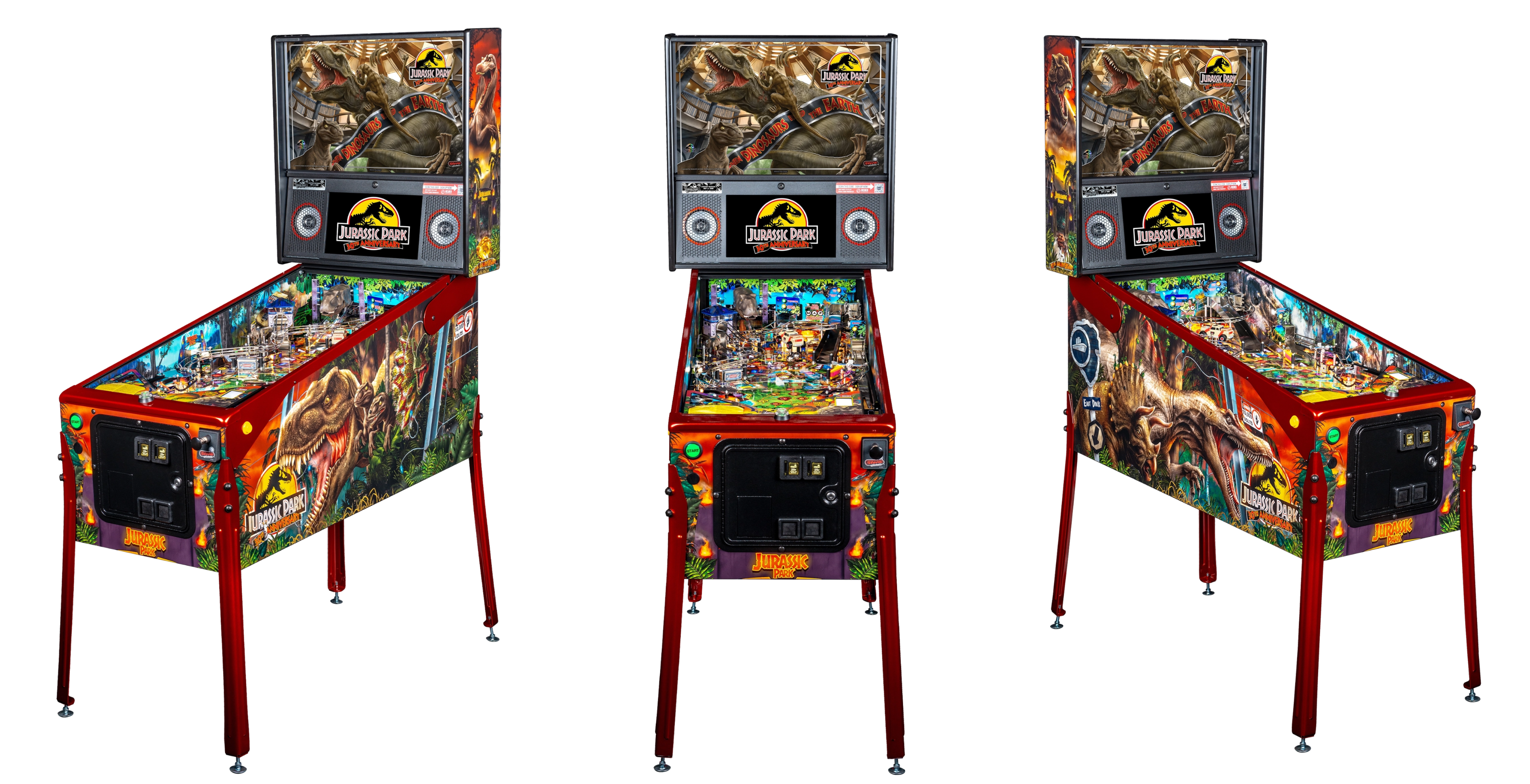 Left, Front, and Right facing cabinet images of Jurassic Park Anniversary Edition Pinball