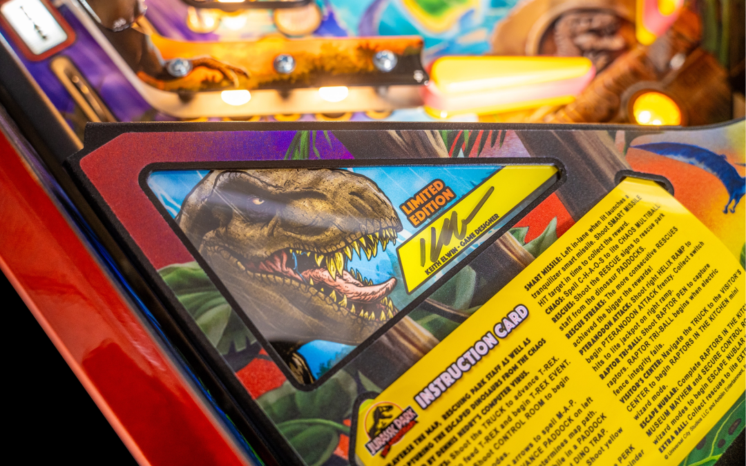 Keith Elwin autograph on Jurassic Park Anniversary Edition pinball.