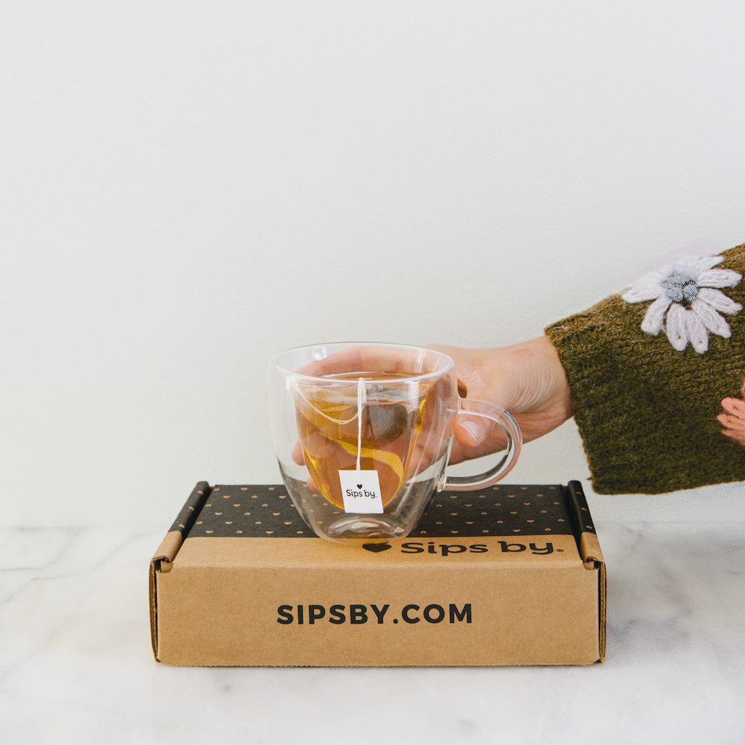 GIF of rotating mugs filled with tea on a Sips by Box