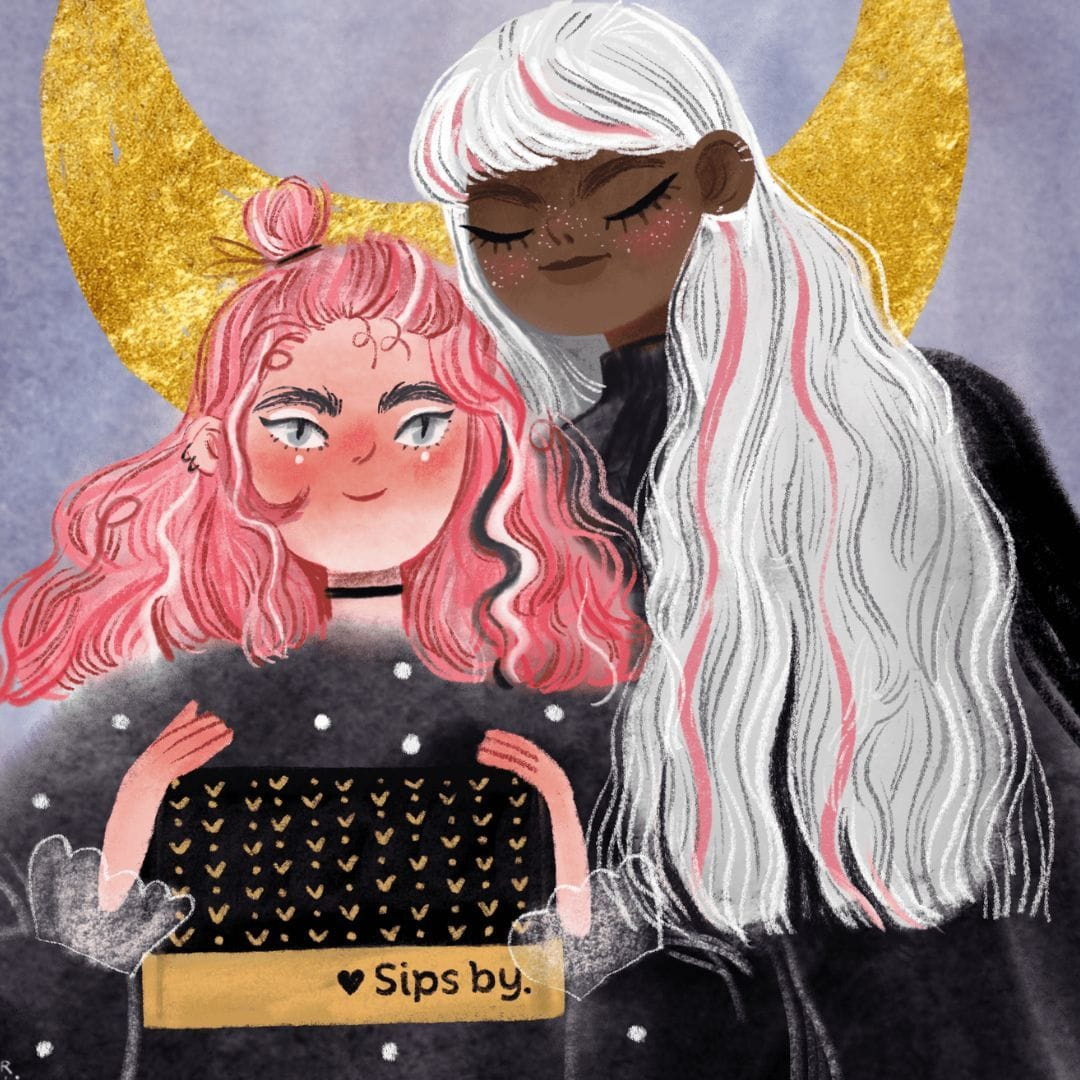 Illustration of two friends holding a Sips by Box with a gold crescent moon in the background