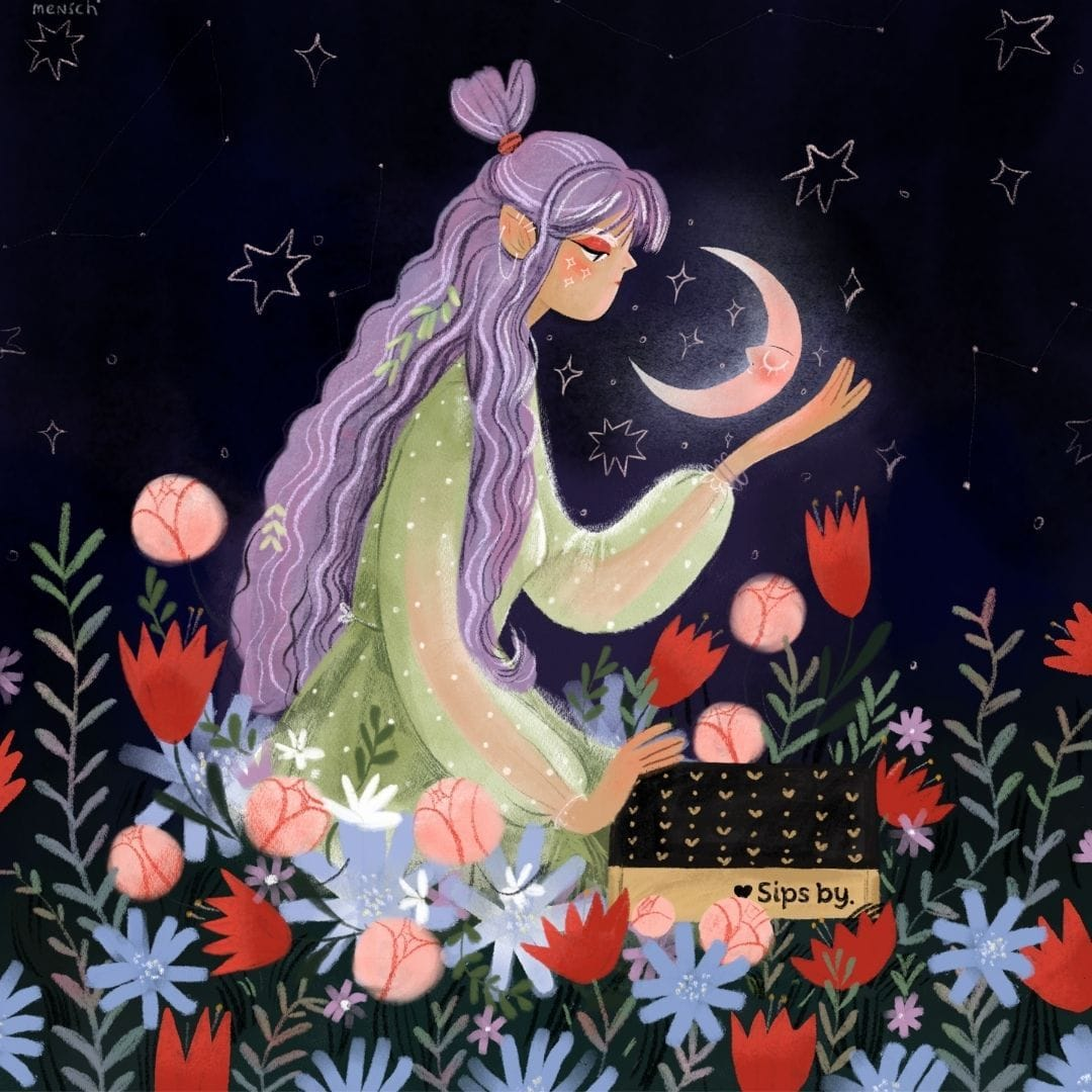 Illustration of a person in a green dress with long purple hair holding a crescent moon and a Sips by Box surrounded by red, blue, and pink flowers in the night sky